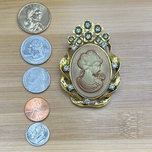 Gold and White Vintage Cameo Brooch 2” x 2 1/2”